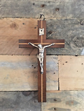ANTIQUE FRENCH ART DECO WOOD METAL INRI WALL HANGING CRUCIFIX CHURCH CROSS JESUS