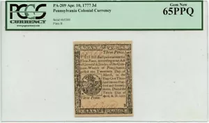 1777 Apr 10 3d Pennsylvania Colonial PA-209 PCGS Gem65 PPQ - Picture 1 of 2