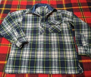 Vtg 60s LL Bean Pullover Wool Nylon Heavy Flannel Plaid Green 1/4 Button USA M - Picture 1 of 6