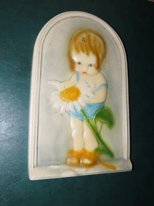 1930s LITTLE GIRL LOVES ME LOVES ME NOT FLOWER GAME CHALKWARE WALL DECOR 15" - Picture 1 of 3