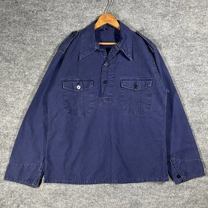 VINTAGE 60s 70s Swedish Military Pullover Shirt Mens Large Blue Denim Cotton - Picture 1 of 16