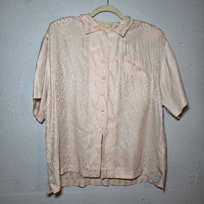 复古 90 年代安静豪华 100% 真丝衬衫超大 S 策略粉彩粉红色圆点... — 第 1/4 张图片