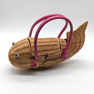 Vintage Wicker Fish Purse Cappelli Straworld Pink Beach Ocean Coastal Handbag - Picture 1 of 12