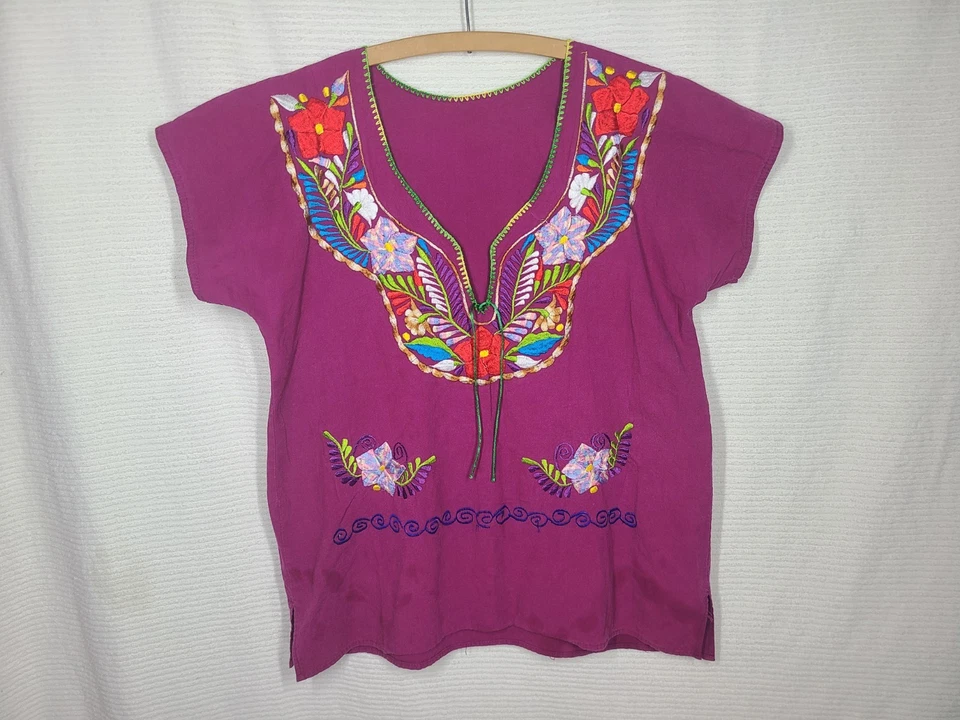 复古农民衬衫 M 紫色棉彩虹刺绣花卉颜色夏季复古 — 第 1/4 张图片