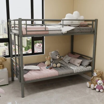 Twin Over Twin Metal Bunk Bed Convertible Twin Size Bed Frame White/Silver/Black - Image 1 of 4