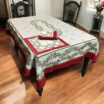 Holly Berry Tablecloth Napkin (8) Set Red & Green 60" X 83"  Jacquard Christmas - Image 1 of 4
