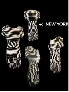 eci NEW YORK kurzärmliges schwarz/hellbraun gestreiftes kurzes Kleid mit U-Ausschnitt Damen XL neu mit Etikett - Bild 1 von 8
