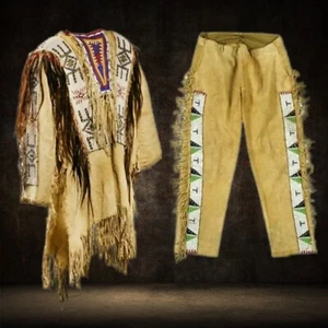 Native American Fringe Buckskin Suit Men’s War Shirt and Pants in Suede Leather - Picture 1 of 3