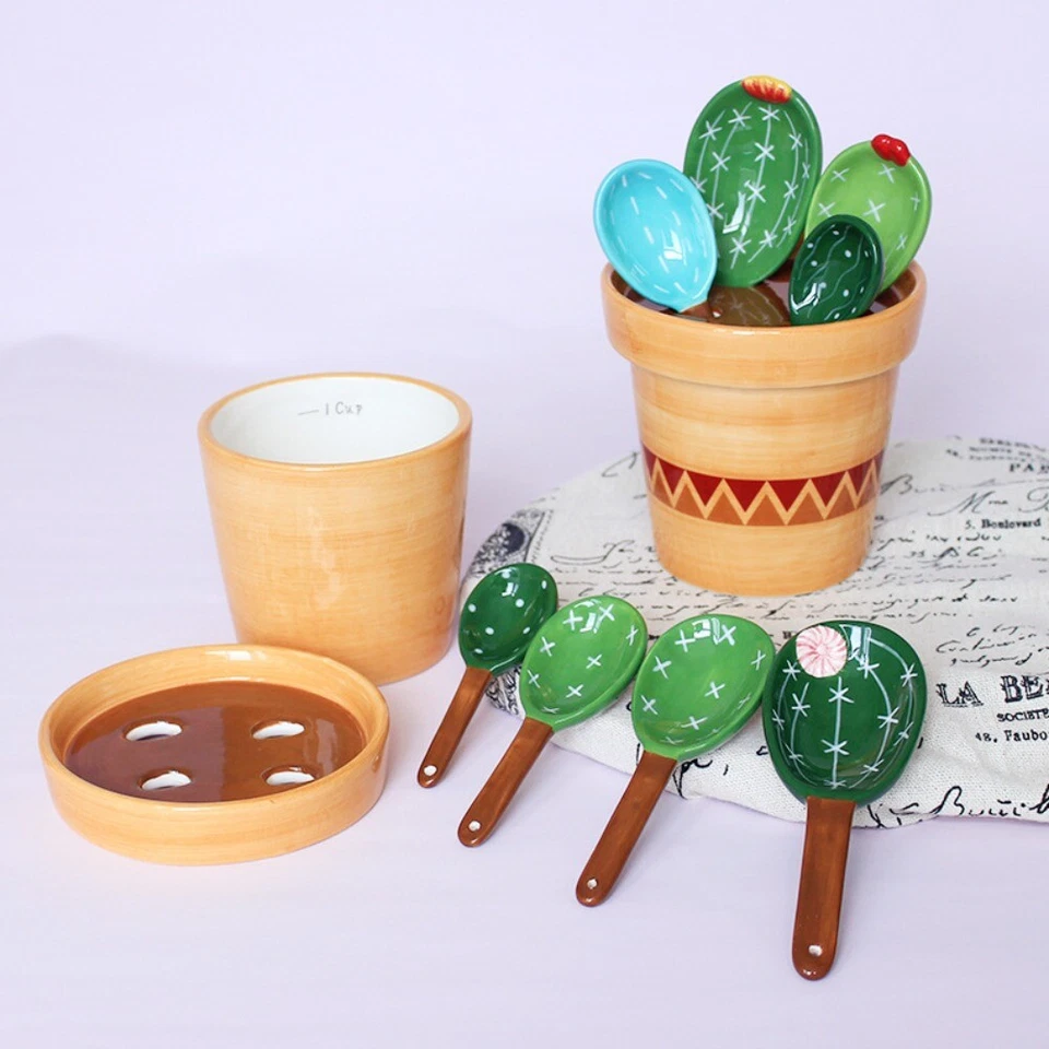 Porcelain Measuring Cup Cactus Shape Kitchen Decor Measuring Spoons Set  Baking - Image 1 of 4
