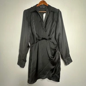 Zara Satin Flare Black Silky Blouson Dress Women Medium V-Neck Long Sleeve NWT - Picture 1 of 20