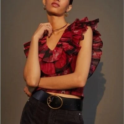 Anthropologie Ollari Organza Ruffled Floral Blouse Size Medium FairyCore, Festiv - Image 1 of 4