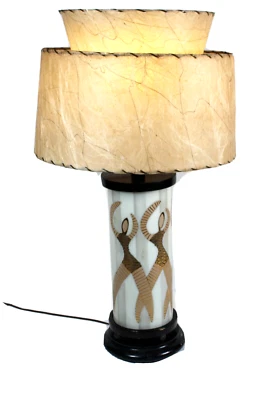 Mid Century Glass Lamp With Dancers And Shade Wooden Base - Image 1 of 4