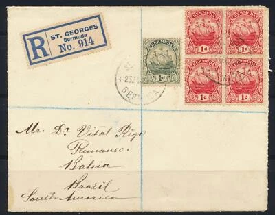 BERMUDA vía EE. UU. A BRASIL 1914 Envíos en Escasa Cubierta Reg St GEORGES to Remanso Foto 1 de 2
