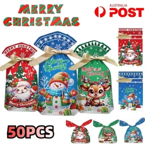 50X Christmas Plastic Gift Pouch Bags Packing Wrapping Santa Snowman Candy Xmas - Picture 1 of 20