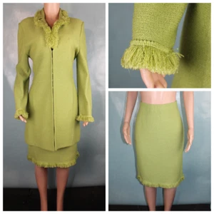 St John Collection Knits Green Jacket Skirt L 10 12 2pc Suit Fringe Trim Shimmer - Picture 1 of 10