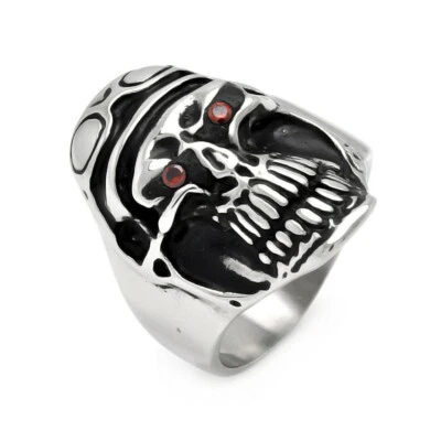不锈钢骑手头盔头骨戒指 带火焰红色 CZ 石头眼睛 — 第 1/2 张图片