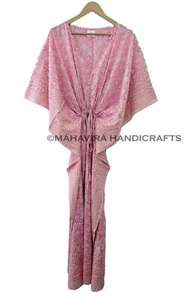Organic Cotton Soft Block Print Beach Cover up Floral Boho Kaftan Maxi Dress - Picture 1 of 6