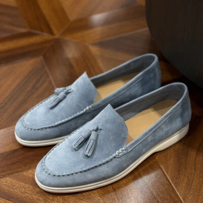 Mocassins masculinos estilo italiano britânico couro camurça real borla sapatos baixos - Imagem 1 de 4