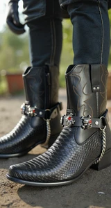 New Men 2 Boot Straps Silver Chain Pair Black Faux Leather Pirate Skull Charms - Picture 1 of 24