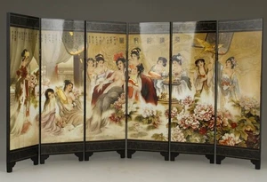CHINESE OLD LACQUER HANDWORK PAINTING BELLES TAKE A BATHE SCREEN DECORATION - Picture 1 of 10