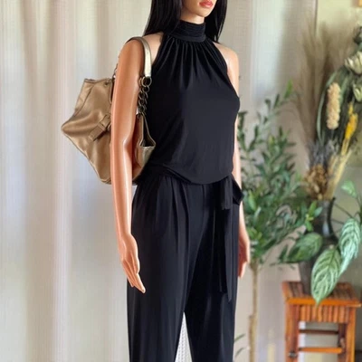 NWT Catherine Malandrino Black Halter Jumpsuit Romper Ruched Neck Maxi Size L - Image 1 of 4