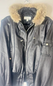 Charles Klein Leather Bomber Vintage Jacket Womens Large Black Fur Lined Hood - Picture 1 of 11