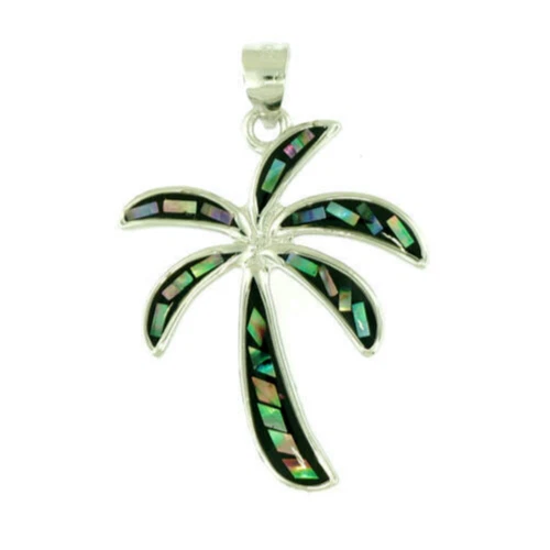 Solid 925 Sterling Silver Mosaic Natural Abalone Shell Women Palm Tree Pendant - Image 1 of 1
