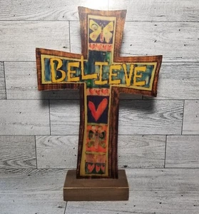 Ganz Christian Faith Painted Peace Stephanie Burgess BELIEVE Cross Wood Figure - Picture 1 of 8