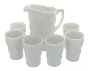 Vintage Westmoreland Old Quilt Pattern Milkglass Water Pitcher & 6 Tumblers - Picture 1 of 5