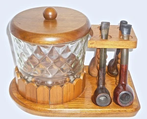 Vintage Diamond-pattern Glass HUMIDOR with 4 PIPE SMOKE STAND Picket Fence - Picture 1 of 11