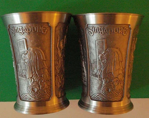 ROYAL SELANGOR PEWTER SET OF 2 TUMBLERS SINGAPORE SCENES 3 1/2" TALL - Picture 1 of 6