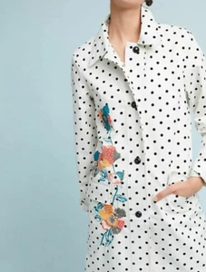ANTHROPOLOGIE White Summer coat Dots Floral hand-Embroidered Cotton Trench M - Picture 1 of 9