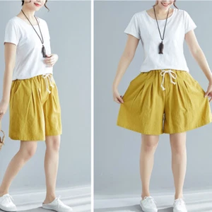 Lady Oversized Loose Half Pants Shorts Cotton Linen Wide Leg Elastic Waist Sweet - Picture 1 of 12