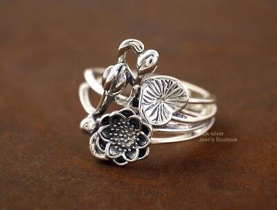 Women Sterling Silver Ring Lotus Flower Yoga Adjustable A3260 - Image 1 of 4