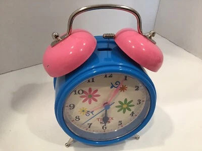 Vintage TIMEX KIDS analog bell alarm clock for table, desk, footed, flowers face - Image 1 of 2