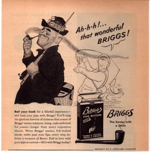 Briggs 1943 Pipa Tabaco Impresión Anuncio P Lorillard Barrica-Pipa Suave Mezcla Pesca - Imagen 1 de 1
