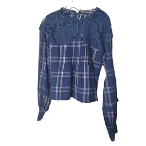 Free People camicia donna blu a quadri Darling Diana manica lunga taglia small - Foto 1 di 10