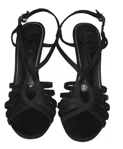 Nicole Miller Black Satin Strappy Sandals, Stiletto Heels, Open Toe w/CRYSTAL 6 - Picture 1 of 4