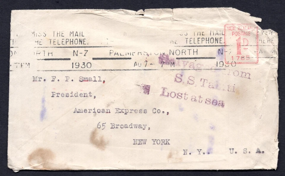 NEW ZEALAND 1930 SALVAGED COVER FROM S.S. TAHITI WHICH SANK IN THE SOUTH PACIFIC - Image 1 of 2