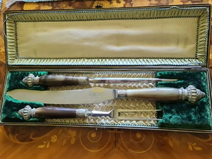 Cased 3-Piece Carving Set, Polished Horn, Silver Ferrules, Steel, Antique - Picture 1 of 4