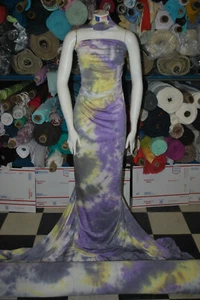 Camiseta deportiva elástica TieDye tela tejida hermosa combo amarillo violeta por yarda - Imagen 1 de 11