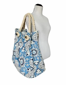 Donna Dixon Extra Large Beach Tote Blue White Rope Handles Lined Snap Closure - Picture 1 of 9