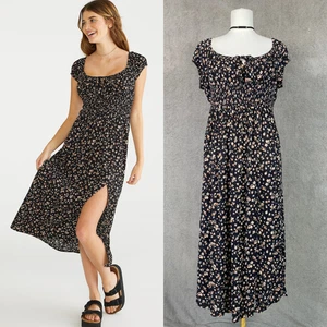 Aeropostale Damen zierliches geblümtes Midikleid mit eckigem Ausschnitt Größe L Milkmaid Babydoll - Bild 1 von 12