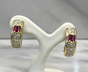 Vintage Chaumet Paris Ruby Diamond 18k Yellow Gold Huggie Hoop Clip Earrings - Picture 1 of 6