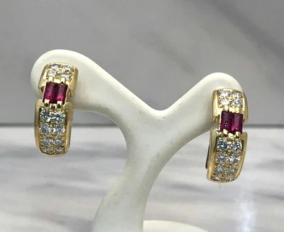 Vintage Chaumet Paris Ruby Diamond 18k Yellow Gold Huggie Hoop Clip Earrings - Image 1 of 4