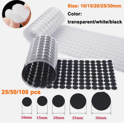 10,15,20,25,30mm Hook & Loop Sticky Self Adhesive Round Dots Clear/White/Black - Image 1 of 4