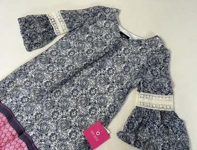 NWT Girls 3/4 Sleeve Dress Size 12 Geometric Blue Pink & White By Amy Byer - Image 1 of 4