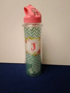Water Bottle with Flip Up Straw Plastic Clear/Teal with Coral Top Letter "J" - Picture 1 of 8
