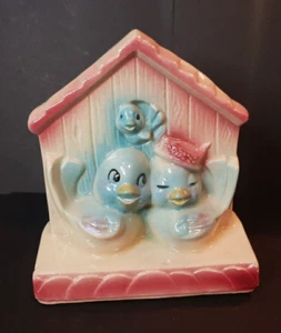 Vintage USA 830 Pottery Wall Pocket Planter Bluebird Family - Picture 1 of 8