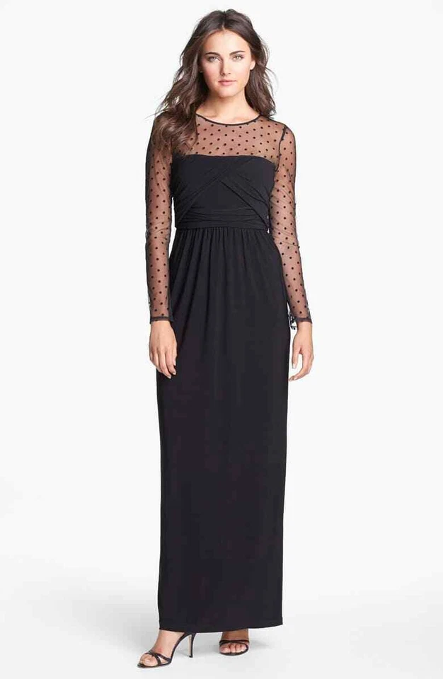 Maxi Vestido ELIZA J Negro Ilusión Yugo Transparente Lunares Elastizado Jersey 14 L Foto 1 de 4